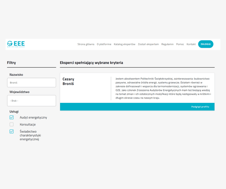 Oficjalne potwierdzenie wpisu Cezarego Bronisia do Centralnego rejestru charakterystyki energetycznej budynków prowadzonego przez Ministerstwo Rozwoju i Technologii. Widoczny numer wpisu 37852 oraz data wpisu 03-04-2024.