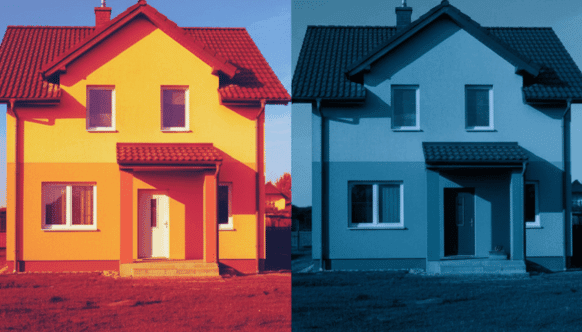 Porównanie termowizyjne domu w Kielcach przed i po termomodernizacji – efekty audytu energetycznego Synergia Energia w programie Czyste Powietrze 2026.